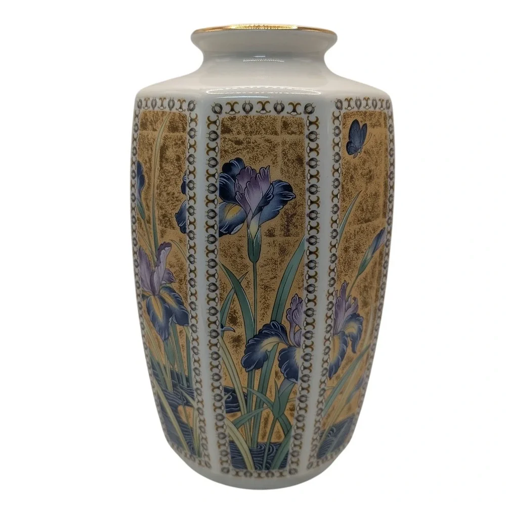 Vintage Golden Mist Vase Octagon Porcelain Irises Blue‎  Gold Trim Made In Japan